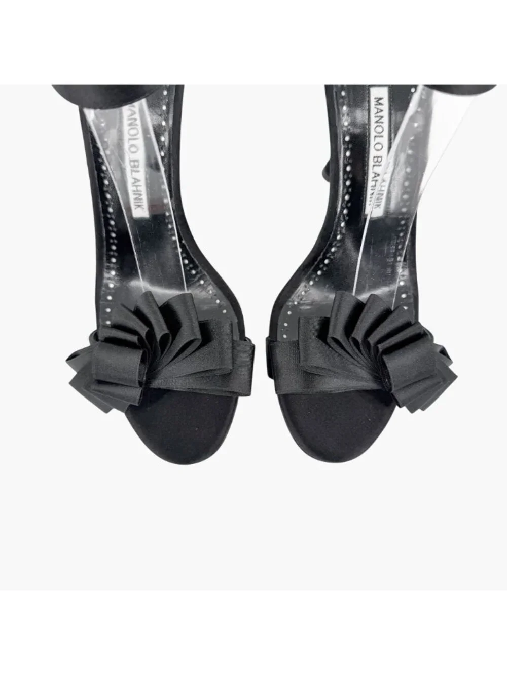 Manolo Blahnik Vinkaos Ruffle Bow Sandals Heels Black Satin Size 39 US 9 Women’s